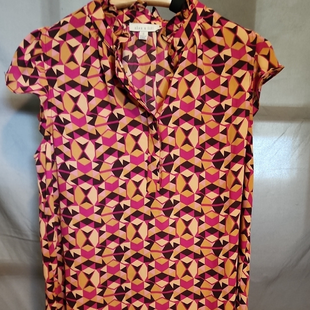 Pink and Orange Graphic Buttoned Blouse with Mandarin Collar